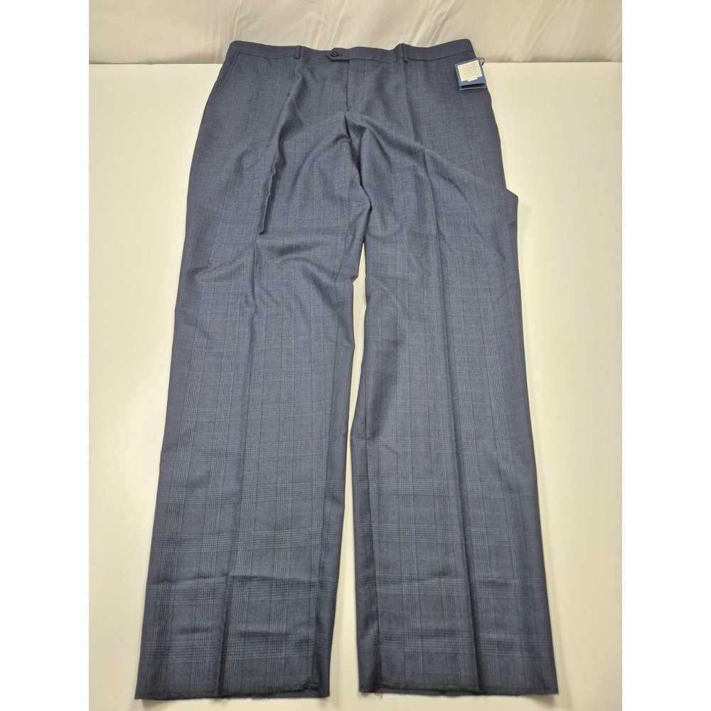 Leonardo Valenti Dress Pants Mens 46x36 Blue Wool Flat Front Plaid Unhemmed NWT
